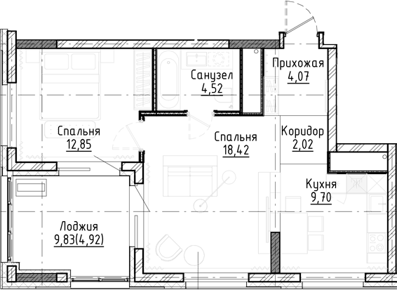 Планировка 2-к.кв 51.58 м² в ЖК «Город на озере»