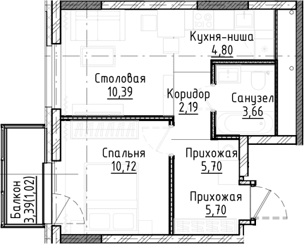 Планировка 2е-к.кв 37.46 м² в ЖК «Город на озере»