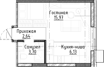 Планировка студии 28.44 м² в ЖК «Город на озере»