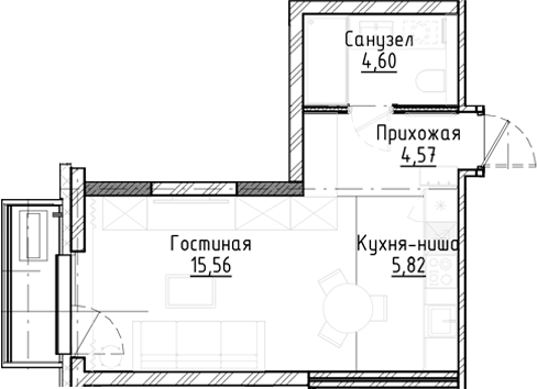 Планировка студии 30.56 м² в ЖК «Город на озере»