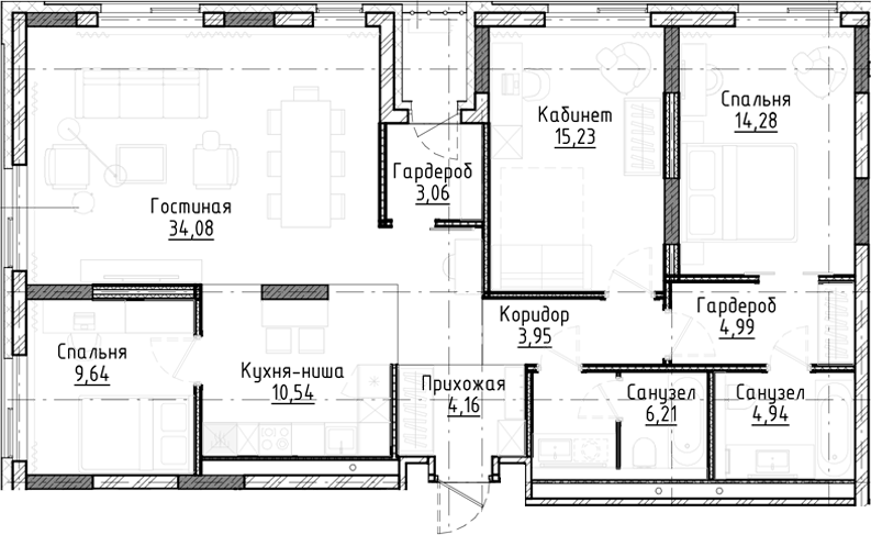 Планировка 4е-к.кв 111.08 м² в ЖК «Город на озере»