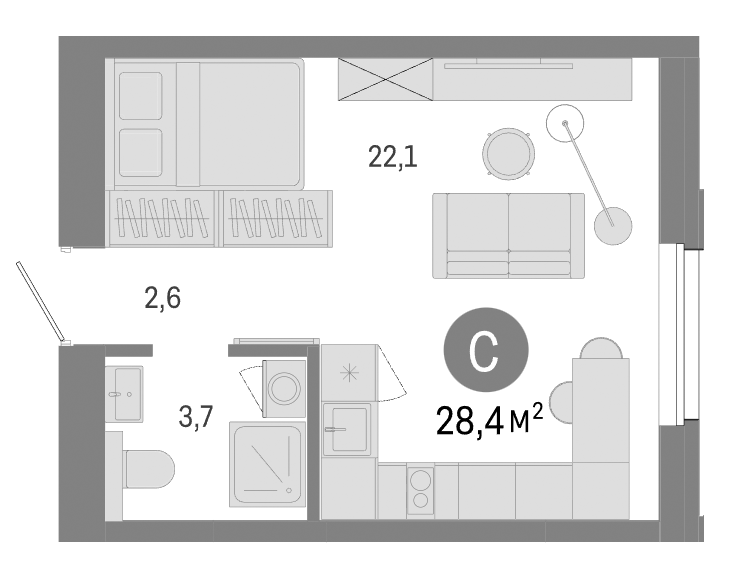 Планировка студии 28.40 м² в ЖК «Город на озере»