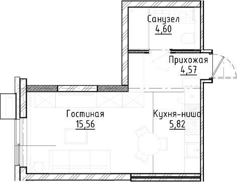 Планировка студии 30.55 м² в ЖК «Город на озере»