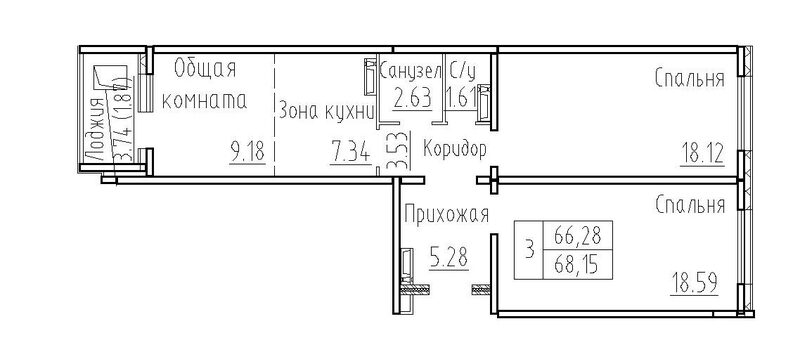 Планировка 3е-к.кв 66.28 м² в ЖК «Фламинго»