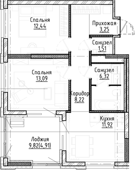 Планировка 2-к.кв 56.78 м² в ЖК «Город на озере»