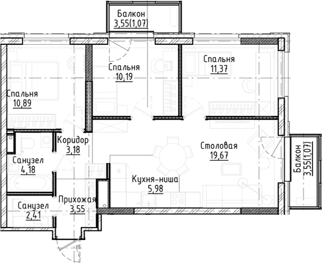 Планировка 4е-к.кв 71.40 м² в ЖК «Город на озере»