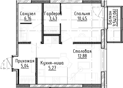 Планировка 2е-к.кв 43.26 м² в ЖК «Город на озере»