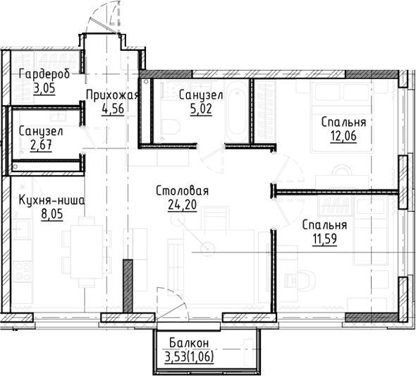 Планировка 3е-к.кв 71.17 м² в ЖК «Город на озере»