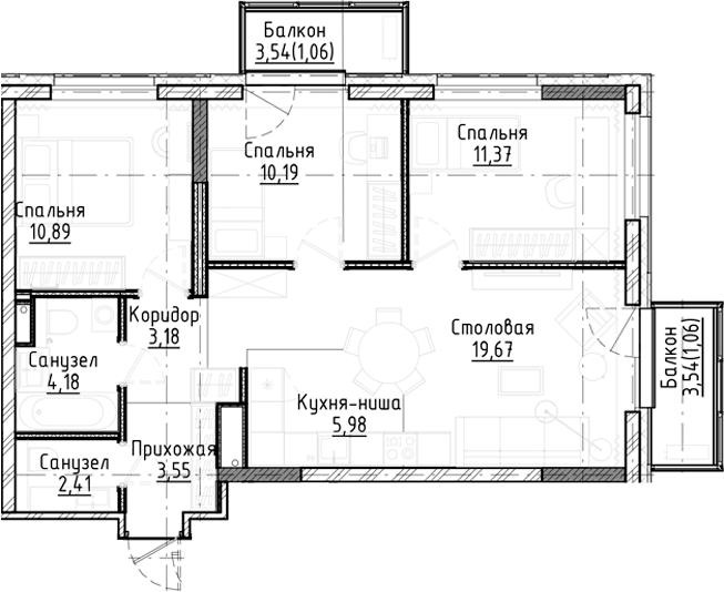 Планировка 4е-к.кв 71.42 м² в ЖК «Город на озере»