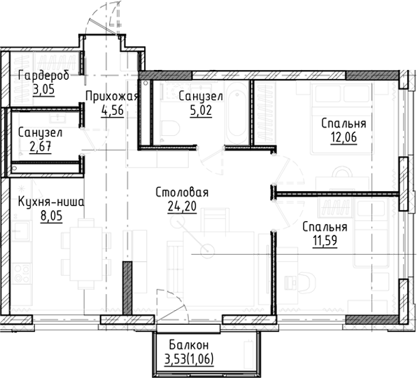 Планировка 3е-к.кв 71.17 м² в ЖК «Город на озере»