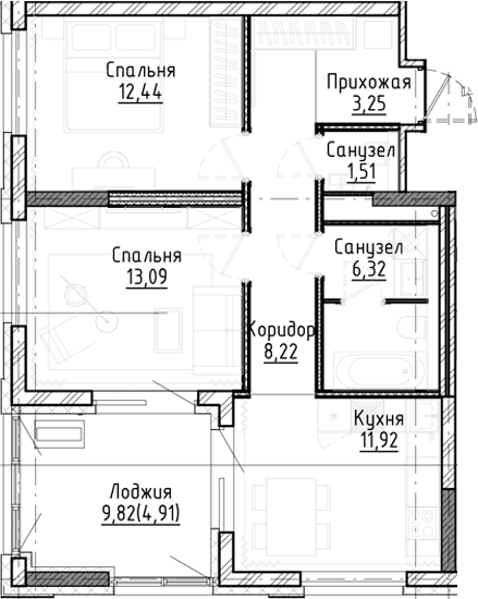 Планировка 2-к.кв 56.78 м² в ЖК «Город на озере»