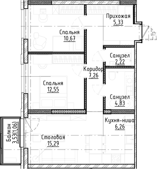Планировка 3е-к.кв 64.37 м² в ЖК «Город на озере»