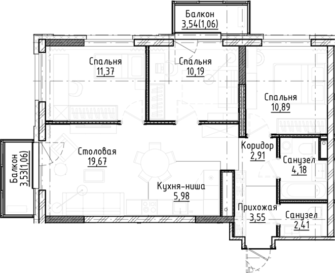 Планировка 4е-к.кв 71.14 м² в ЖК «Город на озере»