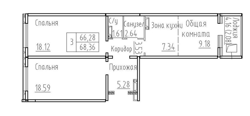 Планировка 3е-к.кв 66.28 м² в ЖК «Фламинго»