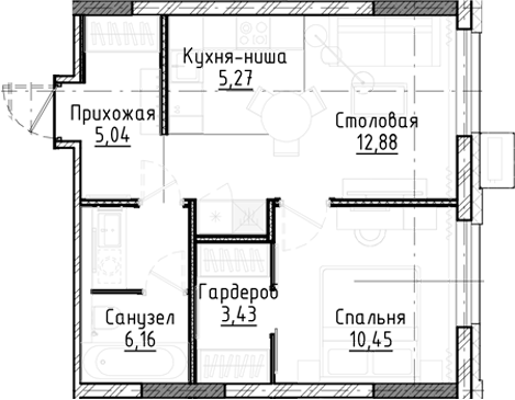 Планировка 2е-к.кв 43.20 м² в ЖК «Город на озере»