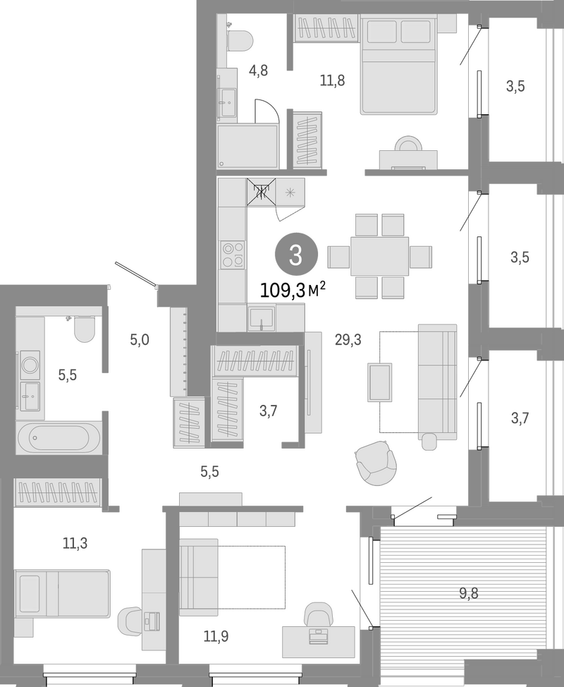 Планировка 4е-к.кв 91.50 м² в ЖК «Город на озере»