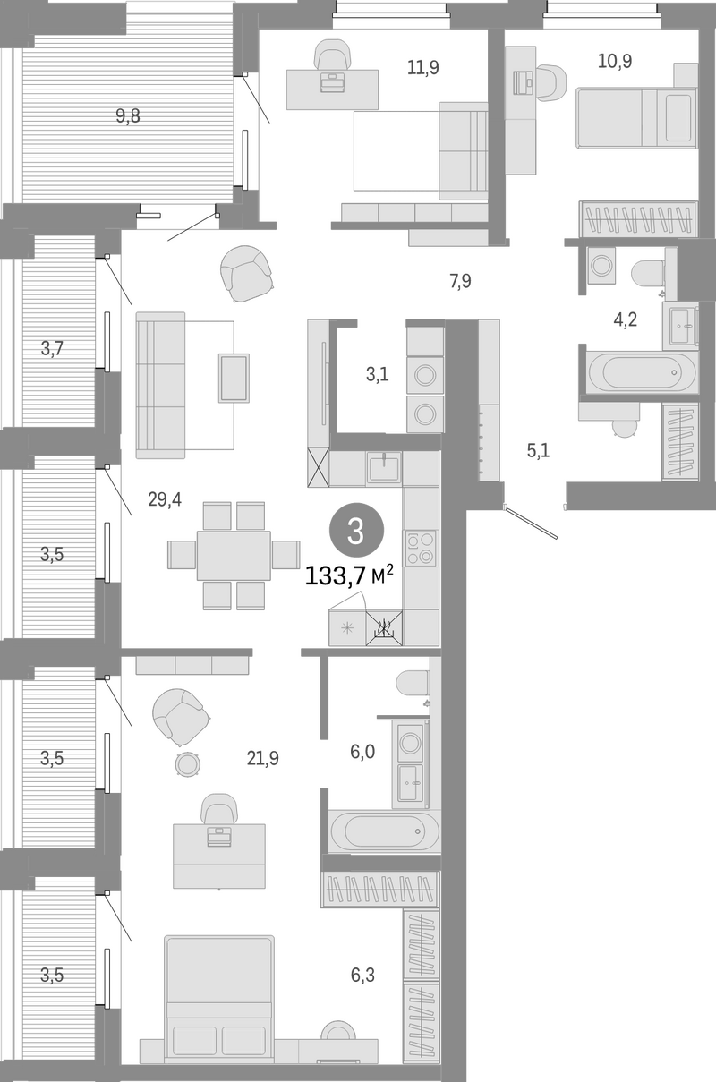 Планировка 4е-к.кв 109.70 м² в ЖК «Город на озере»