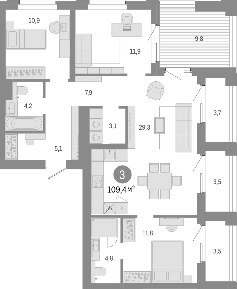 Планировка 4е-к.кв 91.60 м² в ЖК «Город на озере»