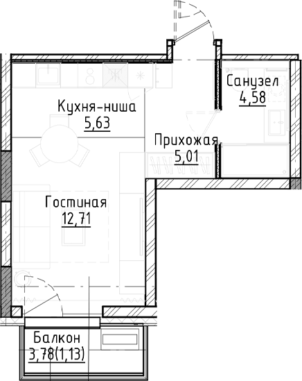 Планировка студии 27.92 м² в ЖК «Город на озере»