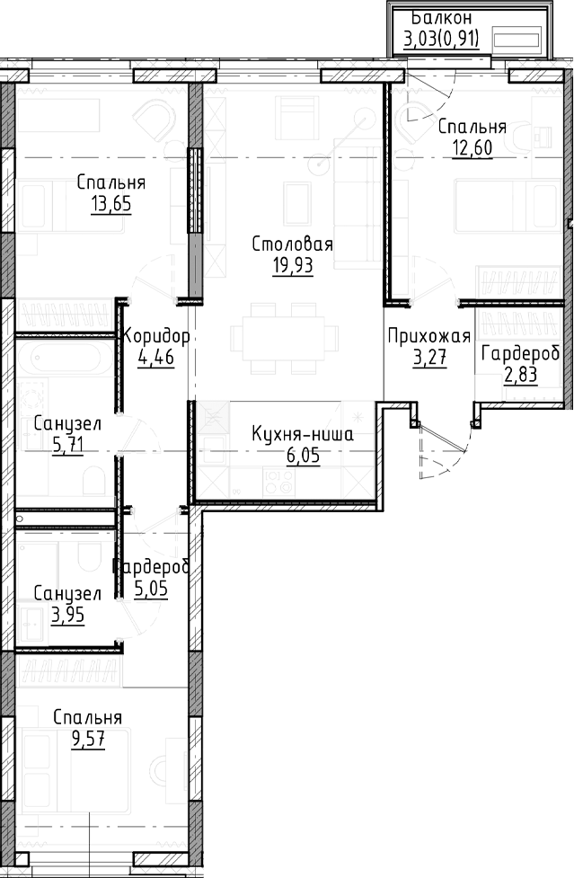 Планировка 4е-к.кв 87.07 м² в ЖК «Город на озере»