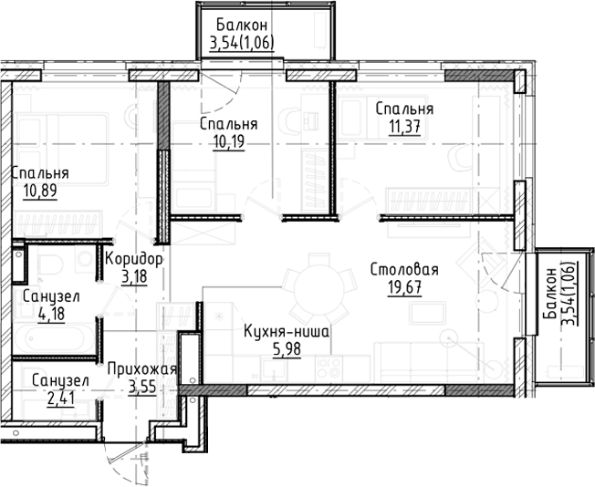 Планировка 4е-к.кв 71.44 м² в ЖК «Город на озере»