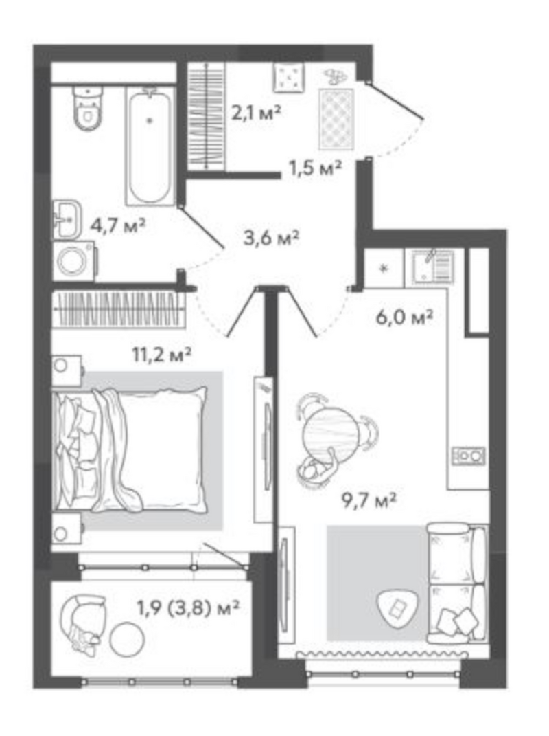 Планировка 2е-к.кв 38.80 м² в ЖК «Природные кварталы Сибирия»