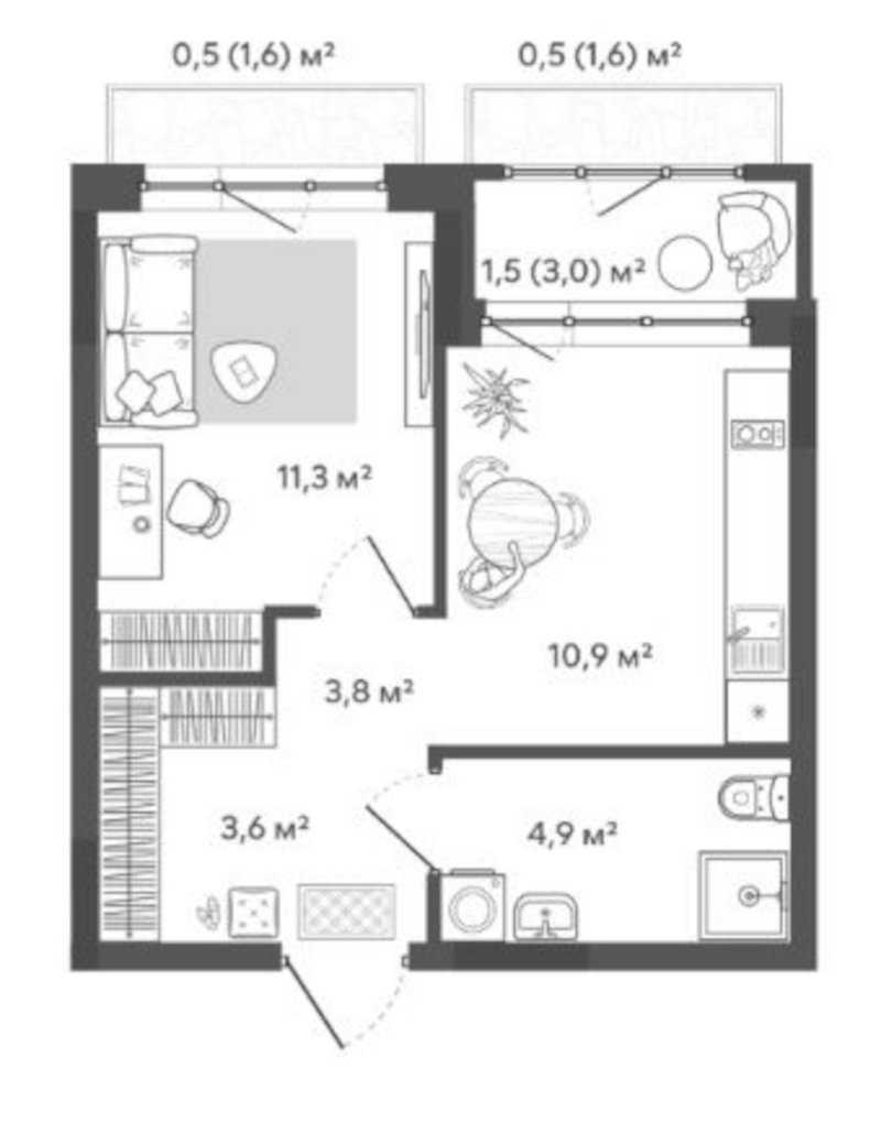 Планировка 1-к. квартира 34.50 м² в ЖК «Природные кварталы Сибирия»