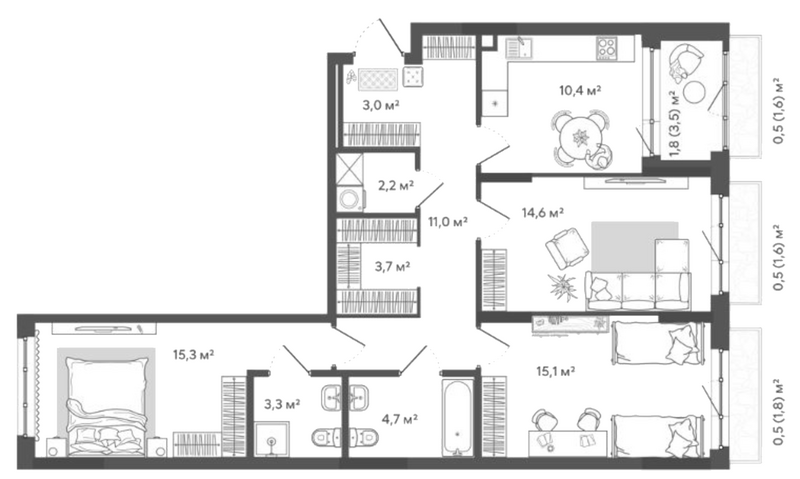 Планировка 3-к. квартира 83.30 м² в ЖК «Природные кварталы Сибирия»