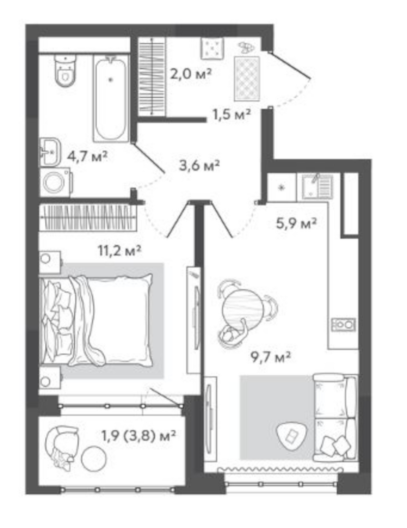 Планировка 2е-к.кв 38.60 м² в ЖК «Природные кварталы Сибирия»