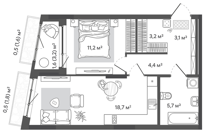 Планировка 2е-к.кв 46.30 м² в ЖК «Природные кварталы Сибирия»