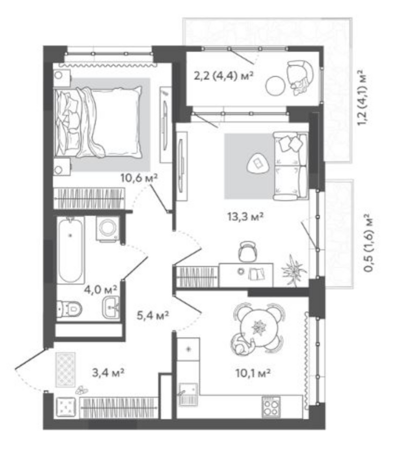 Планировка 2-к. квартира 47.90 м² в ЖК «Природные кварталы Сибирия»