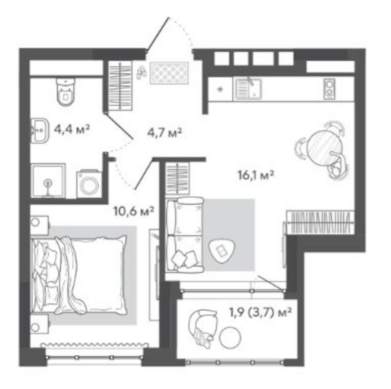 Планировка 2е-к. квартира 35.80 м² в ЖК «Природные кварталы Сибирия»