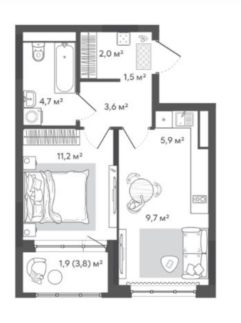 Планировка 2е-к. квартира 38.60 м² в ЖК «Природные кварталы Сибирия»