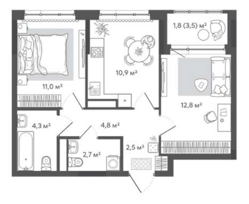 Планировка 2-к. квартира 49.00 м² в ЖК «Природные кварталы Сибирия»