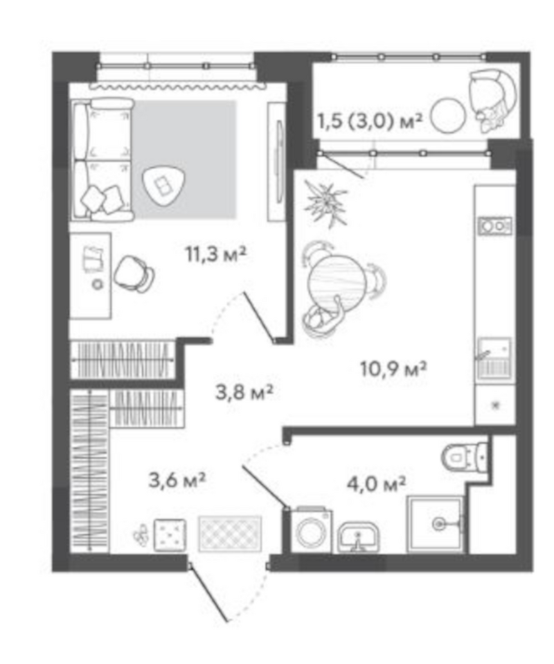 Планировка 1-к. квартира 33.60 м² в ЖК «Природные кварталы Сибирия»
