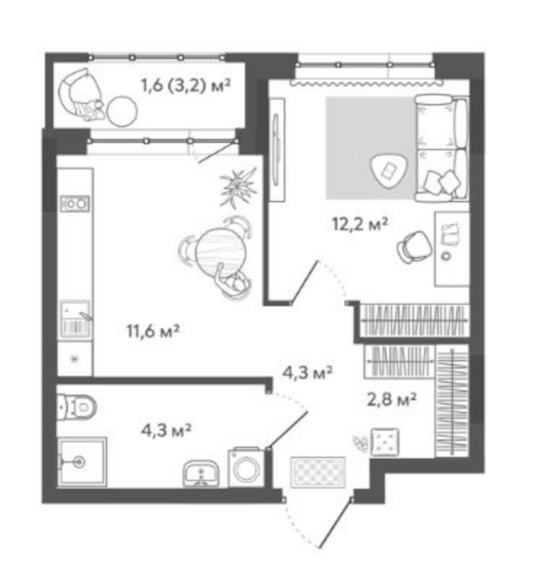 Планировка 1-к. квартира 35.20 м² в ЖК «Природные кварталы Сибирия»