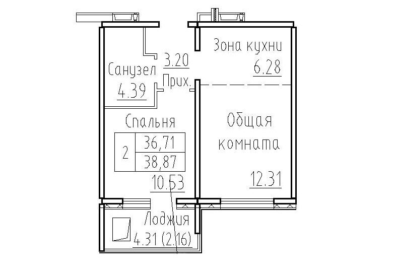 Планировка 2е-к.кв 36.71 м² в ЖК «Фламинго»