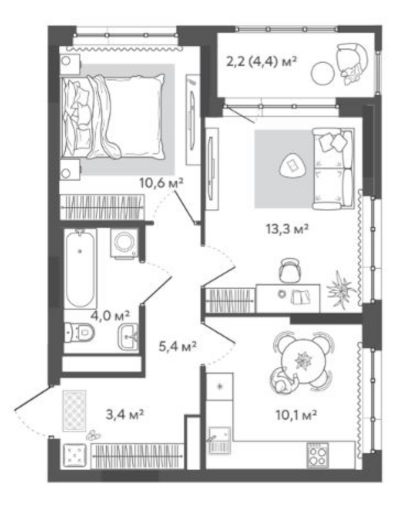 Планировка 2-к. квартира 46.80 м² в ЖК «Природные кварталы Сибирия»