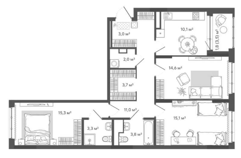 Планировка 3-к. квартира 81.90 м² в ЖК «Природные кварталы Сибирия»