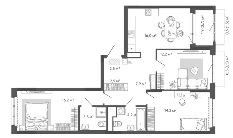 Планировка 3-к. квартира 79.70 м² в ЖК «Природные кварталы Сибирия»