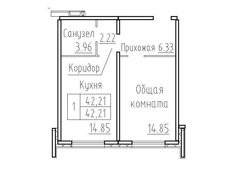 Планировка 1-к.кв 42.21 м² в ЖК «Фламинго»