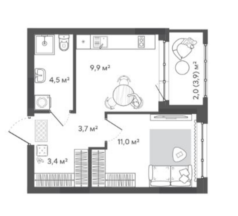 Планировка 1-к. квартира 32.50 м² в ЖК «Природные кварталы Сибирия»