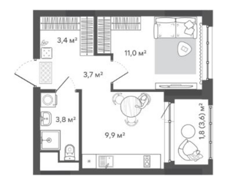 Планировка 1-к. квартира 31.80 м² в ЖК «Природные кварталы Сибирия»