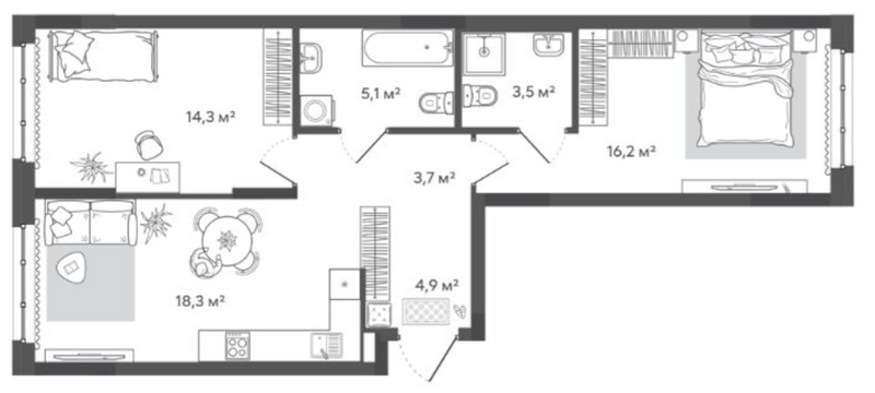 Планировка 3е-к. квартира 66.00 м² в ЖК «Природные кварталы Сибирия»