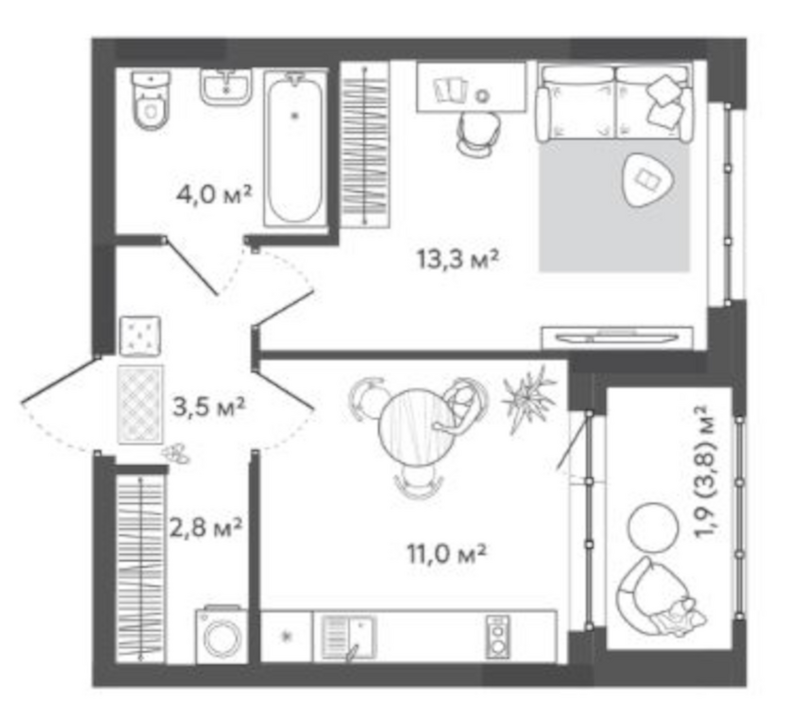 Планировка 1-к. квартира 34.60 м² в ЖК «Природные кварталы Сибирия»