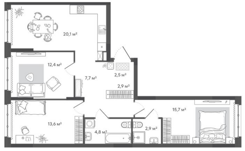 Планировка 3-к. квартира 82.60 м² в ЖК «Природные кварталы Сибирия»