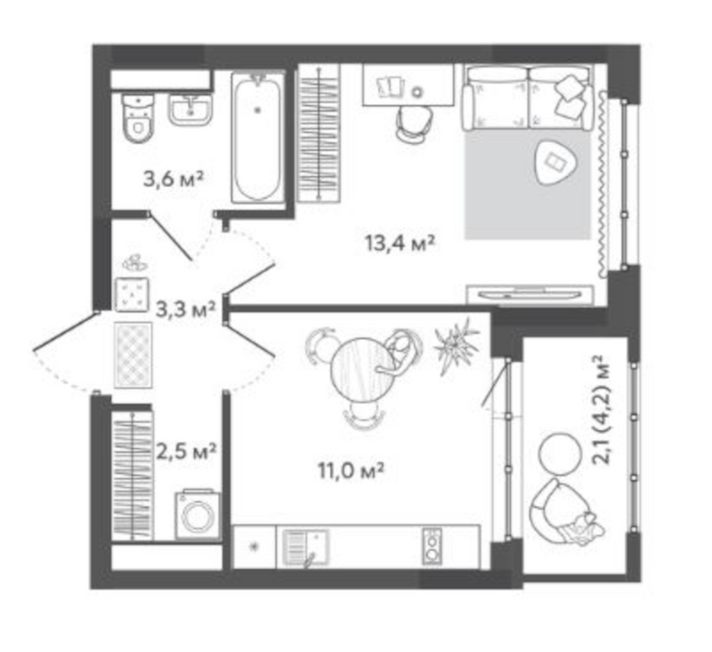 Планировка 1-к. квартира 33.80 м² в ЖК «Природные кварталы Сибирия»