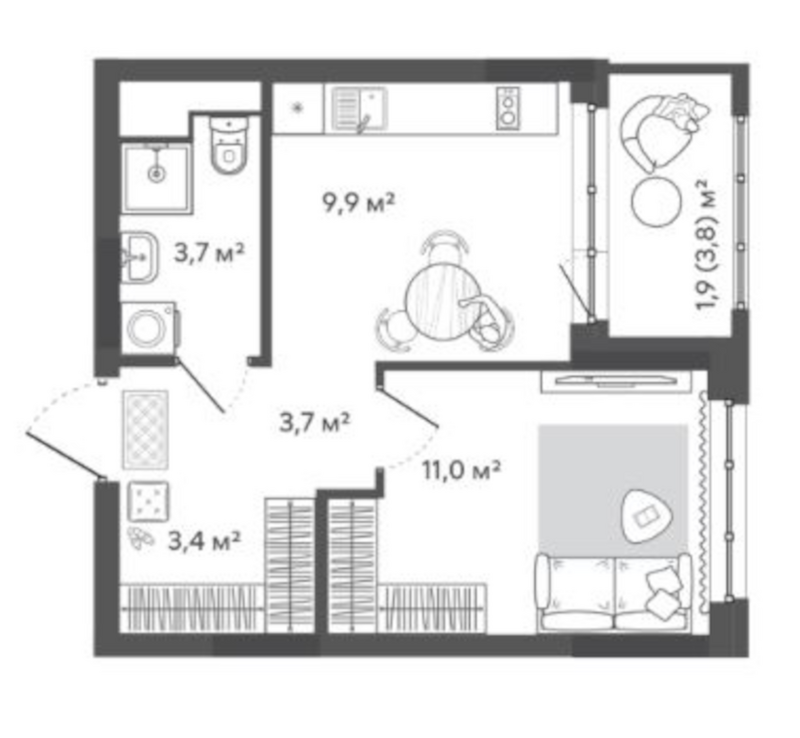 Планировка 1-к. квартира 31.70 м² в ЖК «Природные кварталы Сибирия»