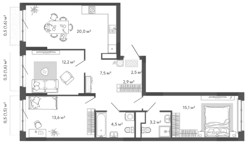 Планировка 3-к. квартира 81.50 м² в ЖК «Природные кварталы Сибирия»