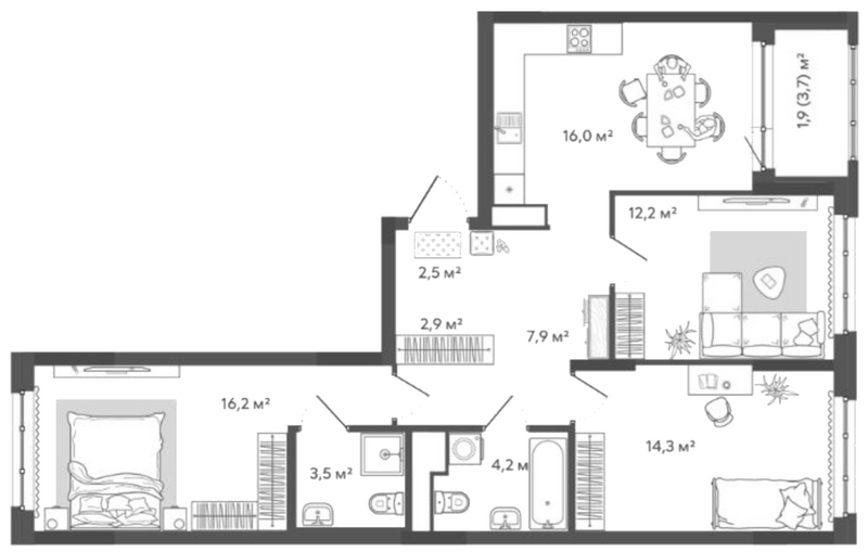 Планировка 3-к. квартира 79.70 м² в ЖК «Природные кварталы Сибирия»